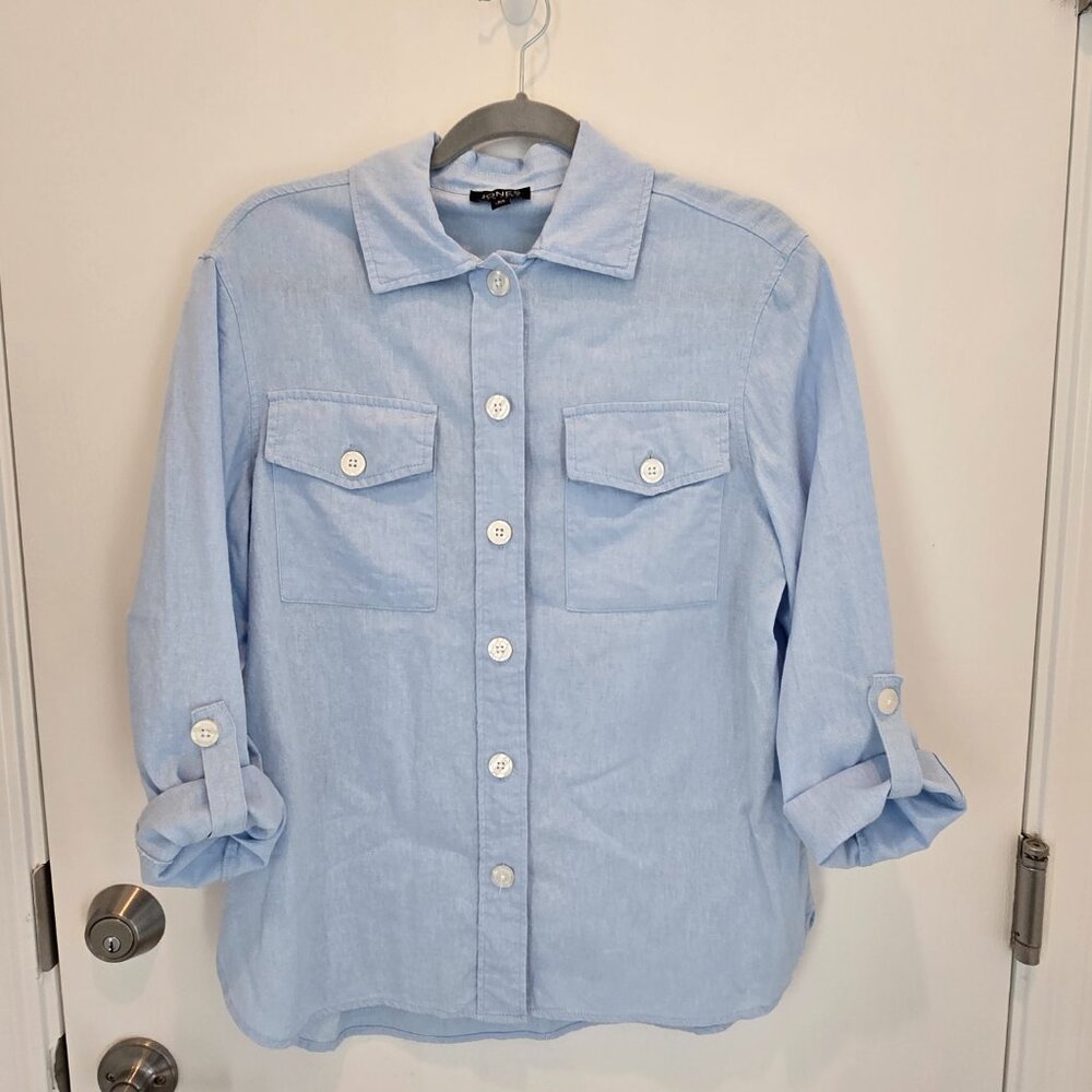 Jones NY Women's Light Blue Button-Up Shirt XS  3/4 Sleeve Cotton Blend Casual - Picture 5 of 13
